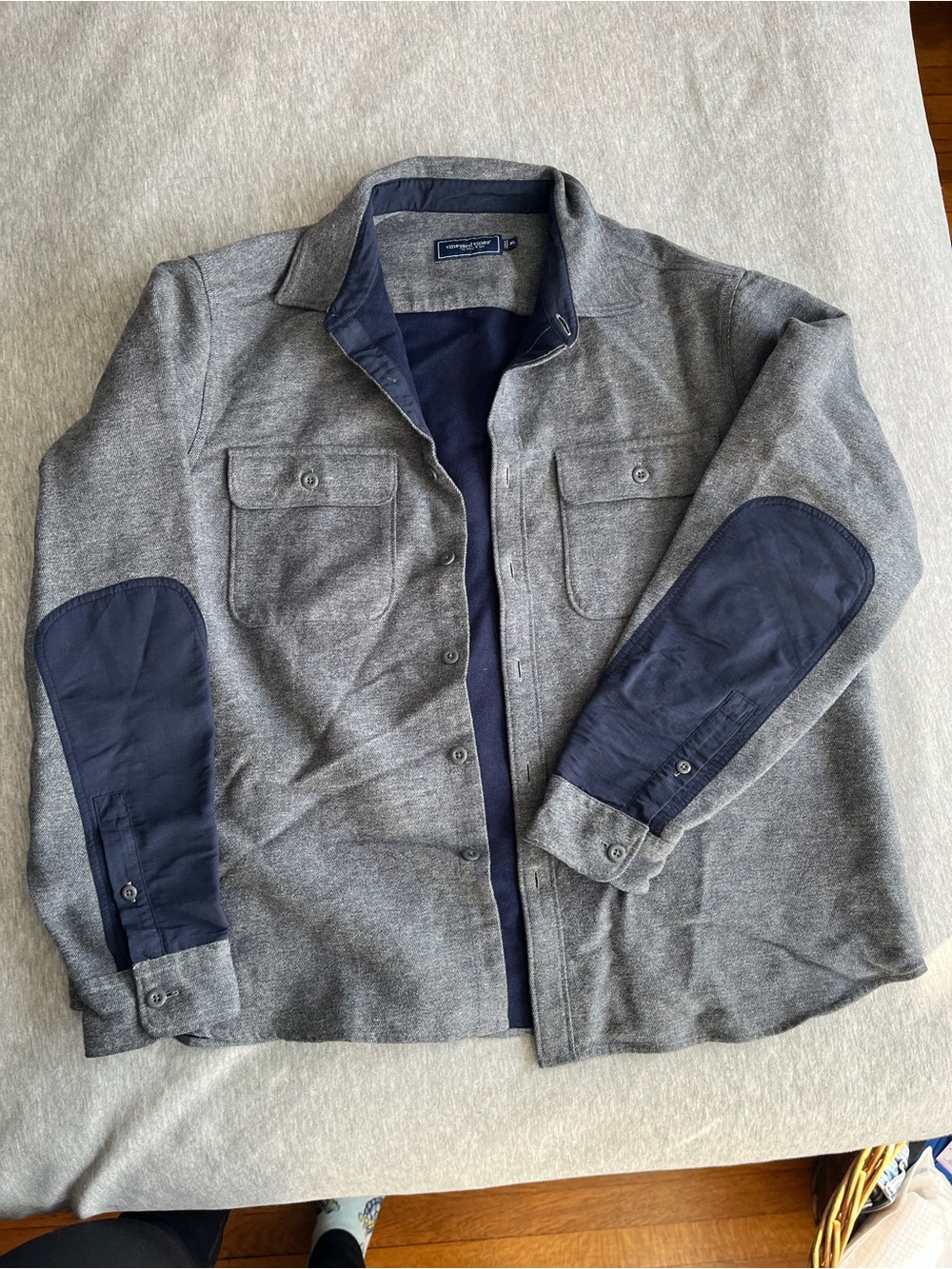 Vineyard Vines Gray Shirt Jacket with Navy Elbow Patches